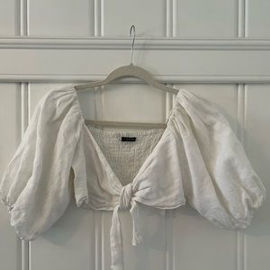 White linen cropped front tie top.
